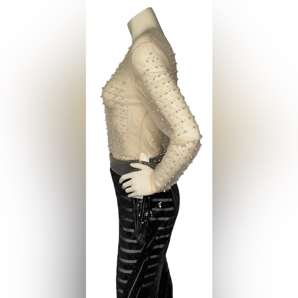 FASHION CLASSIC COLLECTION Nude Sheer Mesh See Through Pearl Diamond Crop Top, L - Picture 13 of 16